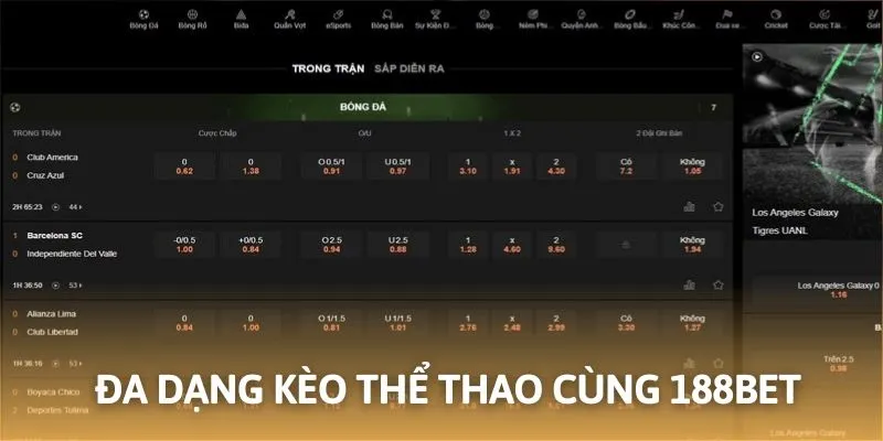 Đầu tư cùng hệ thống kèo thể thao hấp dẫn tại 188BET